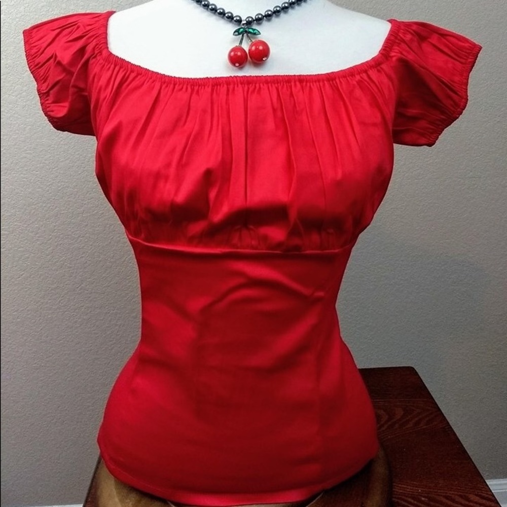 Red Vintage/Pinup inspired peasant top
